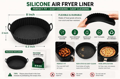Reusable Silicone Air Fryer Liner, Non-Stick Basket Liner, BPA Free Food Grade Silicone, Dishwasher Safe, Heat Resistant up to 450°F, Fits Most Air Fryers, 8 Inch, Black