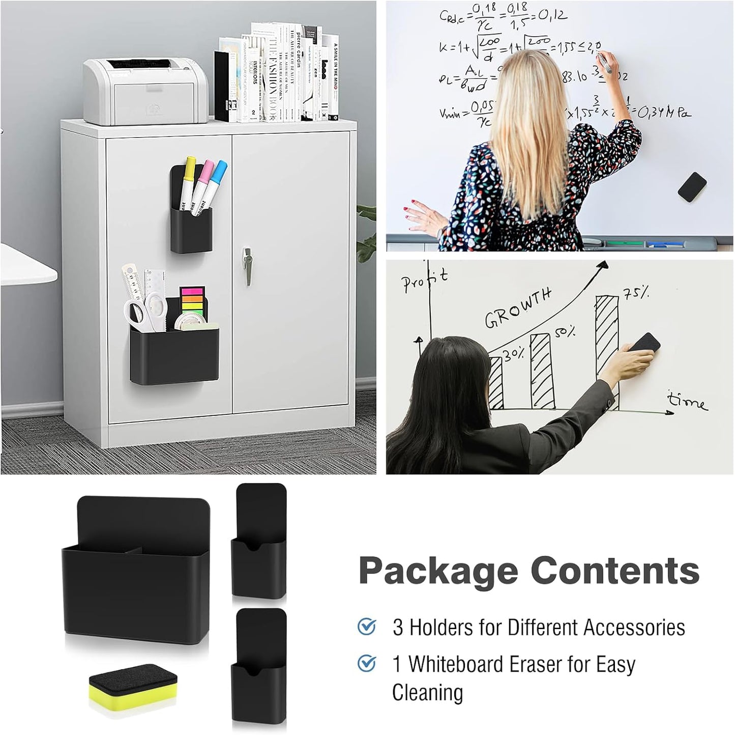 MoKo Magnetic Pen Holder, Pencil Accessories Whiteboard Organizer, White | Magnetic dry erase marker holder has two compartments and an ABS body for whiteboards, refrigerators and lockers.