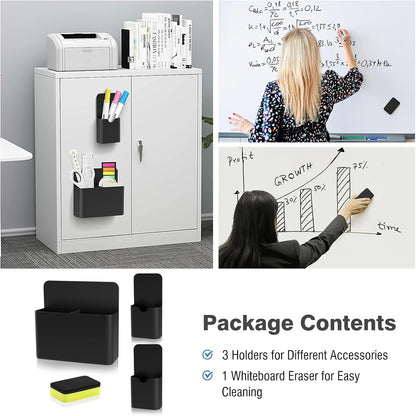 MoKo Magnetic Pen Holder, Pencil Accessories Whiteboard Organizer, White | Magnetic dry erase marker holder has two compartments and an ABS body for whiteboards, refrigerators and lockers.