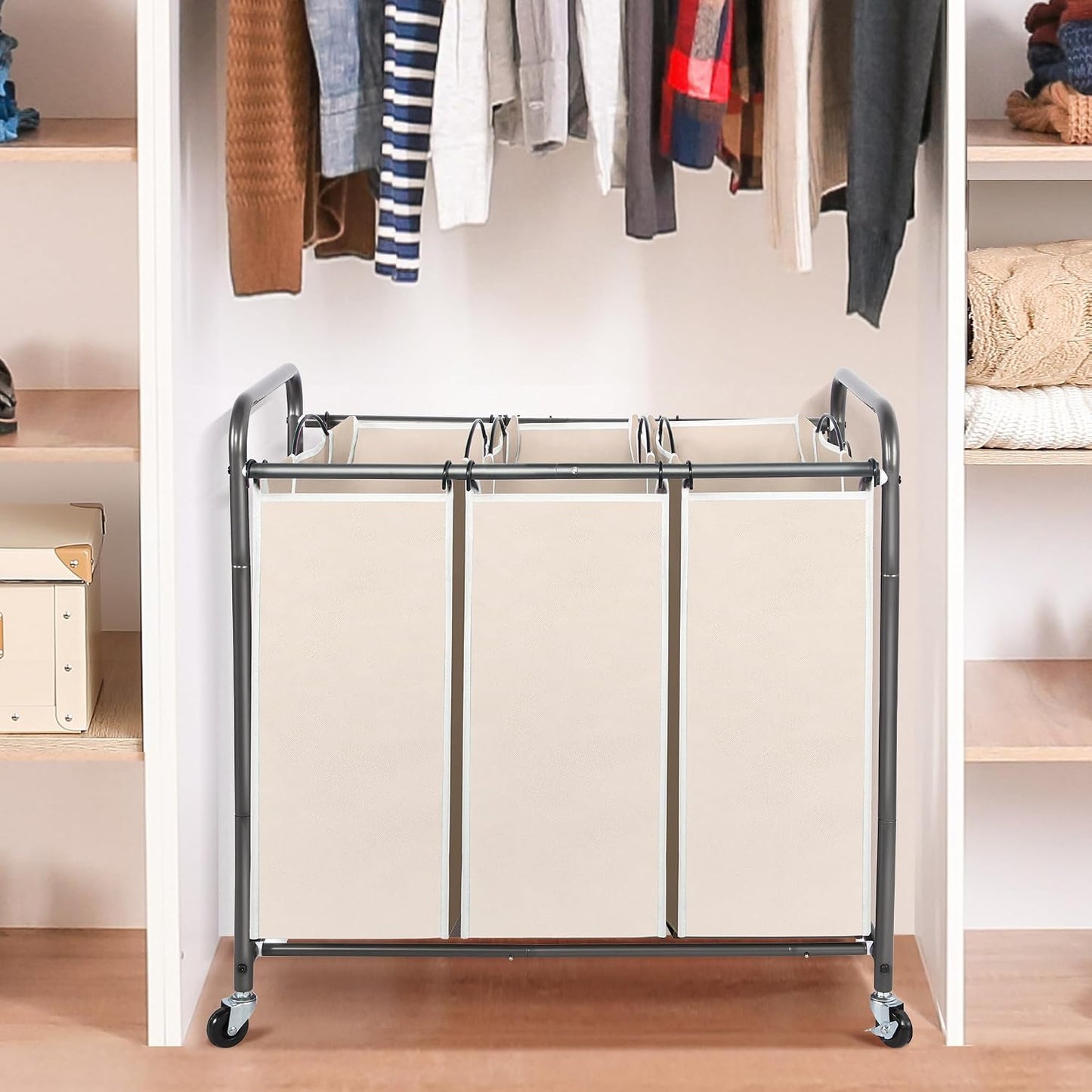 STO STO Laundry Sorter 3 Section, 3 Bag Clothes Hamper, Rolling Laundry Cart Basket with Heavy Duty Lockable Wheels and Removable Bag for Laundry Room, Bedroom, Closet, Black