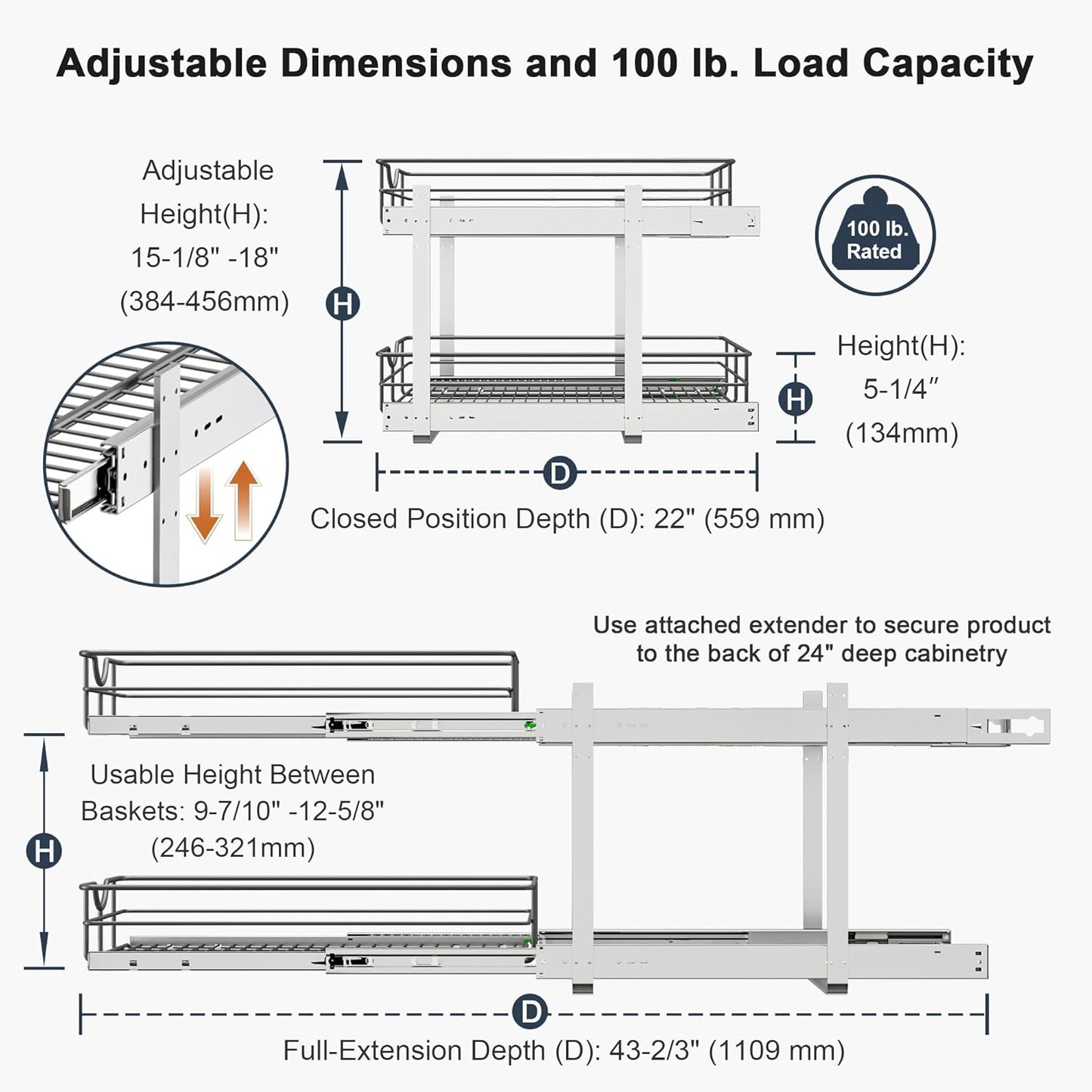 2 Tier Pull Out Cabinet Organizer - 20" W x 22" D Soft Close Slide Out Shelves with Shelf Liners - Pullout Drawers for Kitchen Cabinets, Pantry, Bathroom, Heavy Duty Steel Wire Baskets
