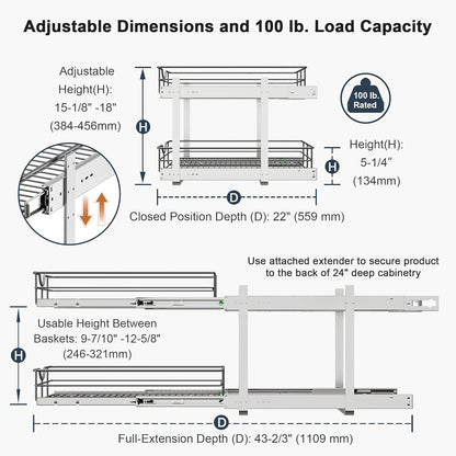 2 Tier Pull Out Cabinet Organizer - 20" W x 22" D Soft Close Slide Out Shelves with Shelf Liners - Pullout Drawers for Kitchen Cabinets, Pantry, Bathroom, Heavy Duty Steel Wire Baskets