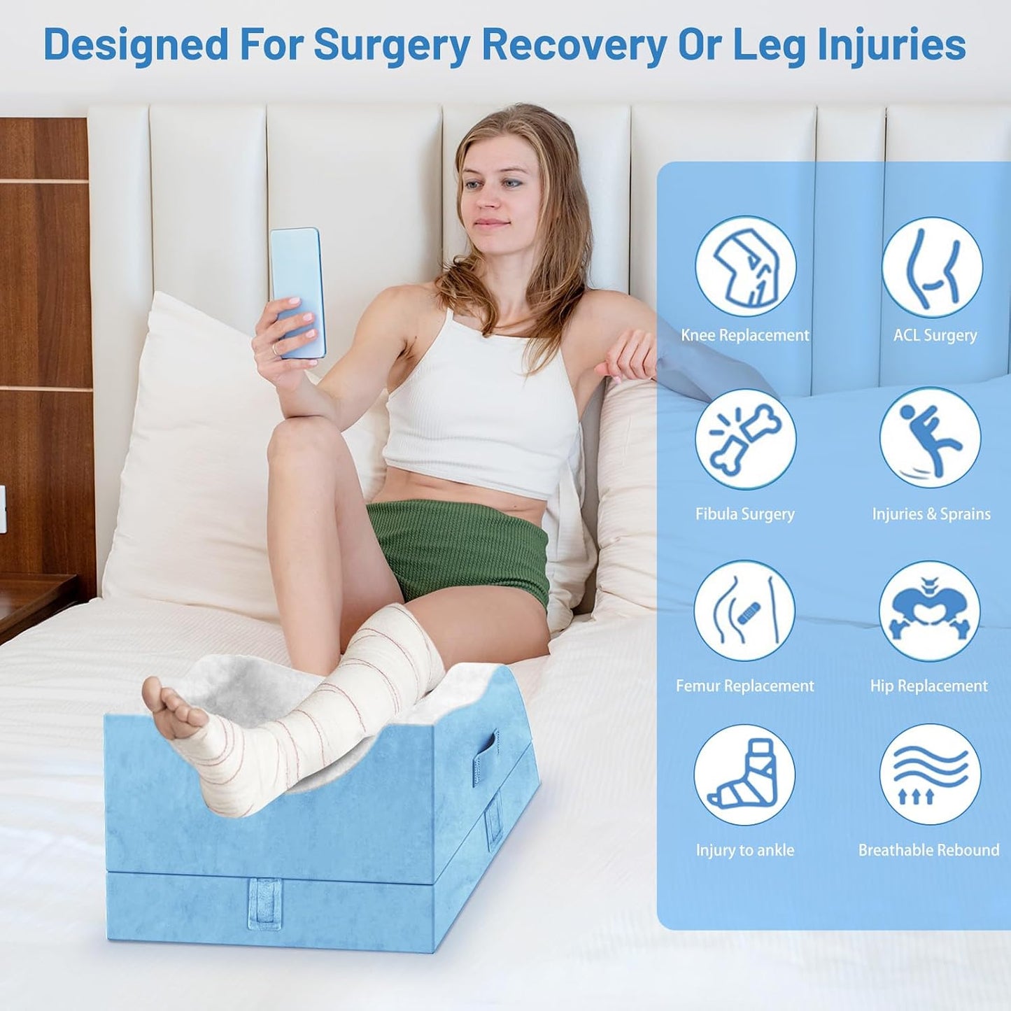 TranquilRelax Leg Elevation Pillow for After Surgery, Wedge Pillow, Grey | Single-leg design, adjustable height, U-shaped cradle, supportive memory foam, washable cover, leg elevation for swelling