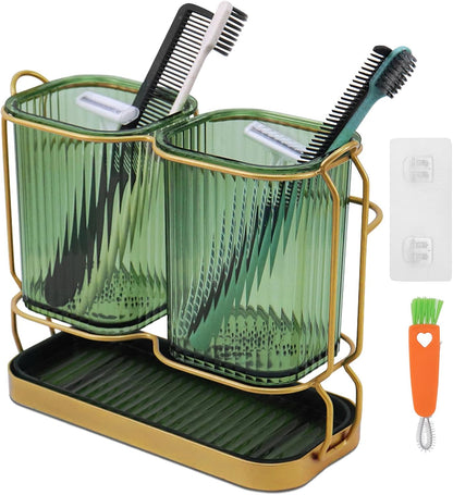 Green Toothbrush Holders for Bathrooms, Toothbrush Holders with Drain Tray | 2 Cups Tooth Brushing Holder, Bathroom Organizers and Storage Caddy Countertop for Toothpaste, Razors, Toothbrush
