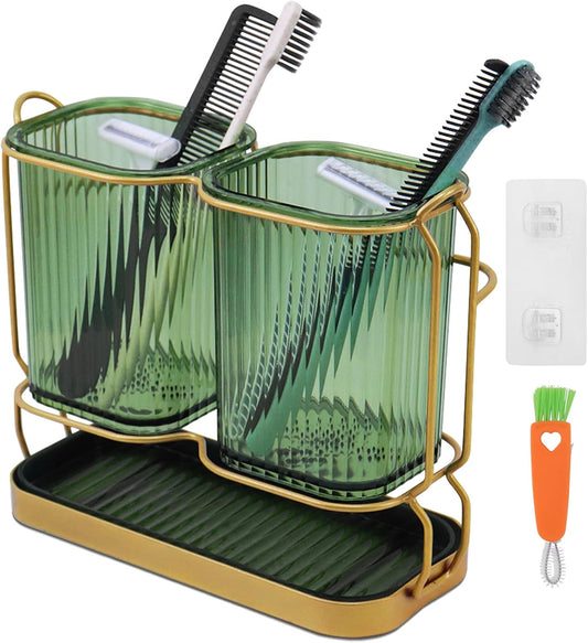 Green Toothbrush Holders for Bathrooms, Toothbrush Holders with Drain Tray | 2 Cups Tooth Brushing Holder, Bathroom Organizers and Storage Caddy Countertop for Toothpaste, Razors, Toothbrush