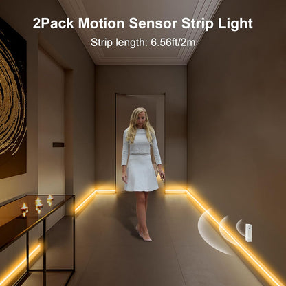 2 Pack Battery COB Motion Sensor Strip Lights with Day & Night Modes | 6.6Ft 640 LED Under Cabinet Flexible Tape Lights for Bedroom Kitchen Stair Shelf, 6000K Cool White