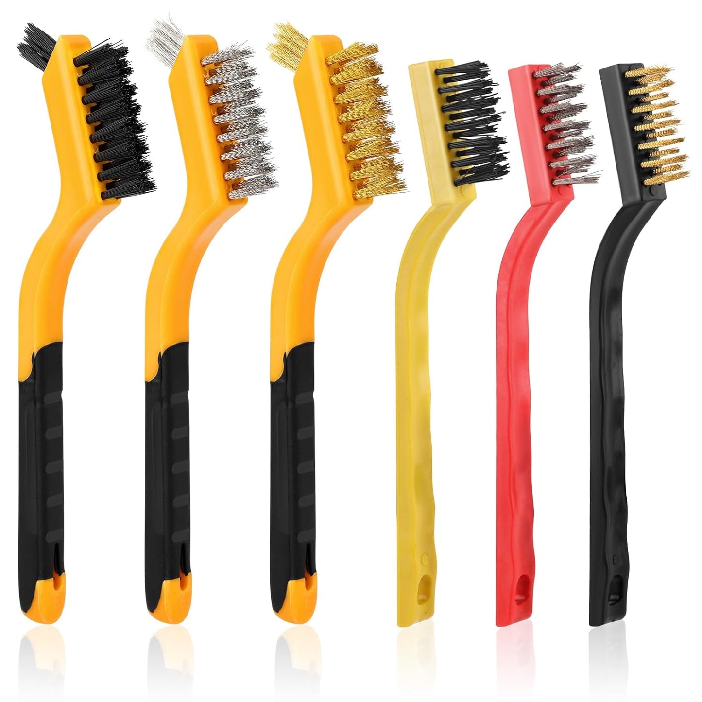 Wire Brush for Cleaning, Small Brass Steel Nylon Brush, Metal Rust Remover | 6 Pcs, Rust/Grease/Paint Removal on Metal/Wood/Grill, Curved Head for Tight Spots, with Hang Hole, Ergonomic Handle, 7 in