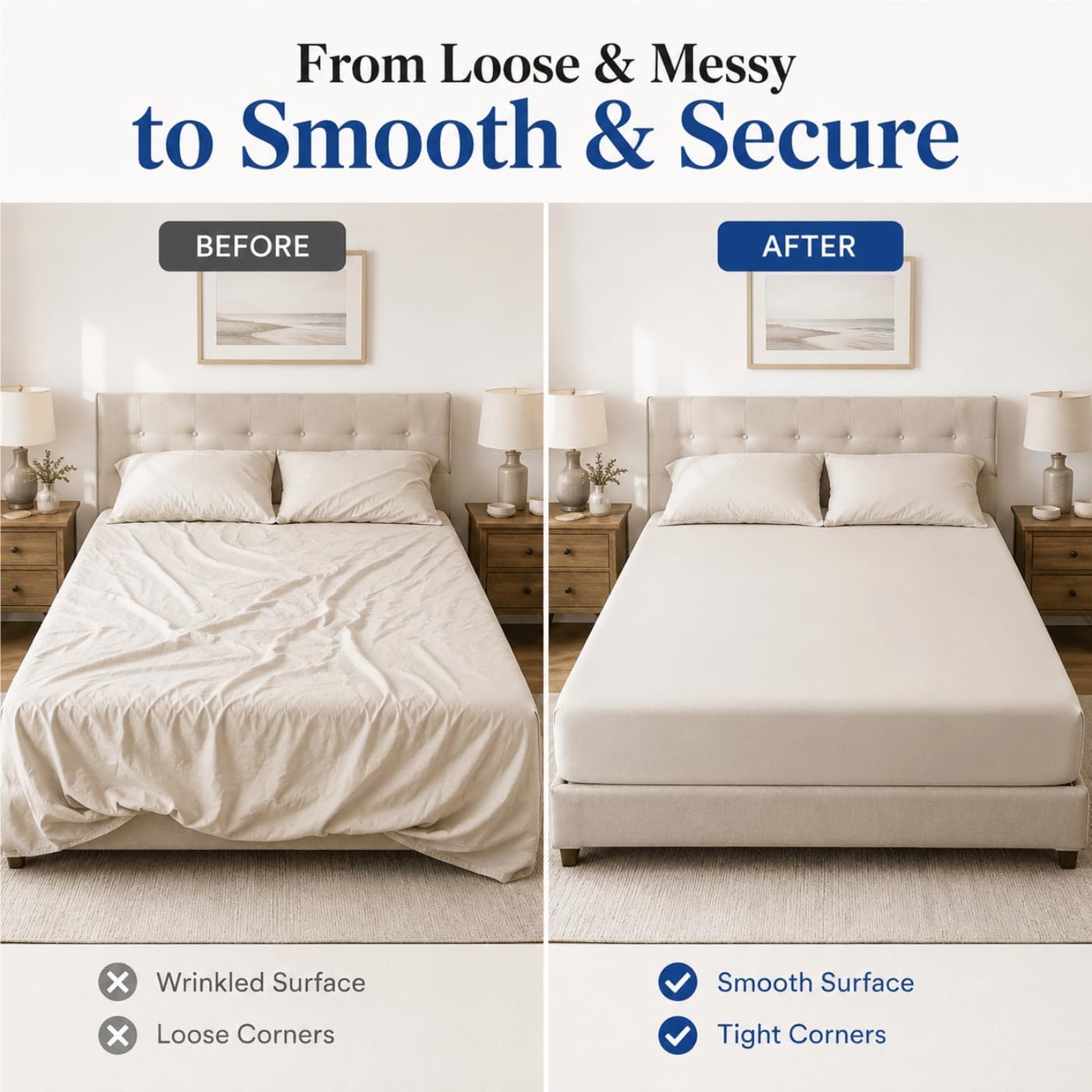 Bed Sheet Holders for Corners 4 Pack 3-Way Grip for Smooth Sheets All Night | Rest easier and wake up to a neater bed, designed to help reduce sheet slipping and bunching