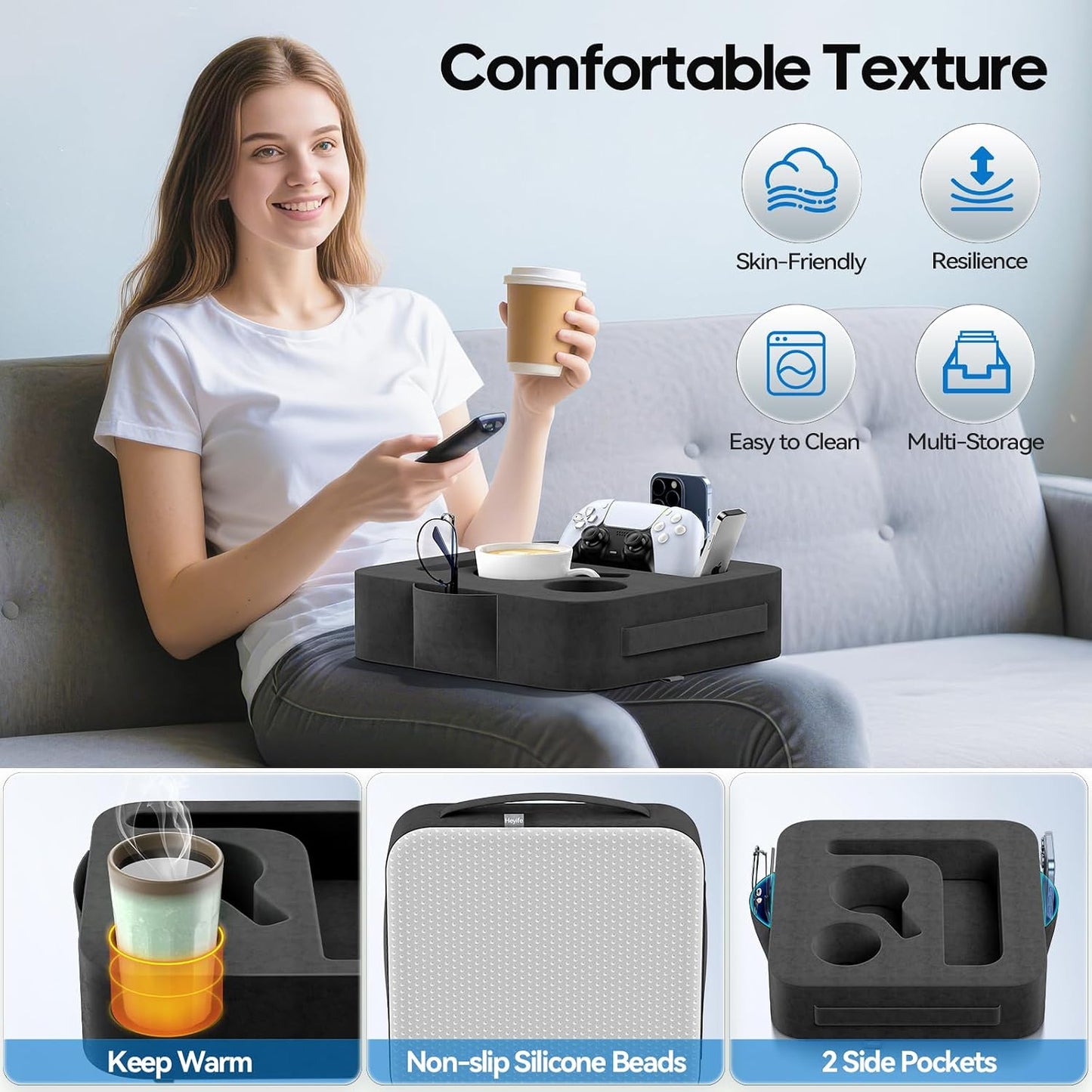 Couch Cup Holder Pillow, Sofa and Bed Caddy for iPad, Kindle, Switch, Game Controller, Remotes, Phones, Small-Sized Cup & Drink Holder for Couch, Bed, Desk, Car, Beach, Bathroom Cup Holder