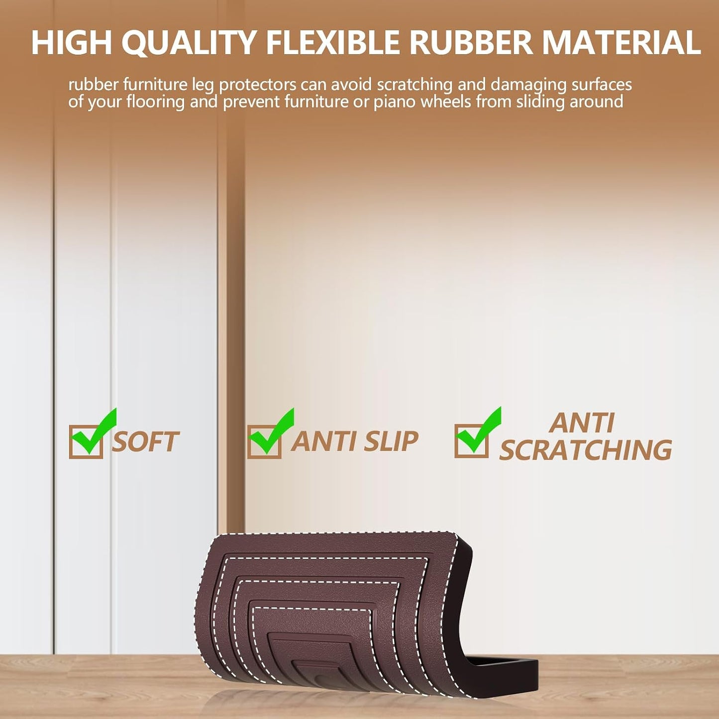12Pcs 2.5in Furniture Coasters Non-Slip Bed Leg Pads Round Rubber Anti Sliding Caster Cups for Hardwood Floors Brown