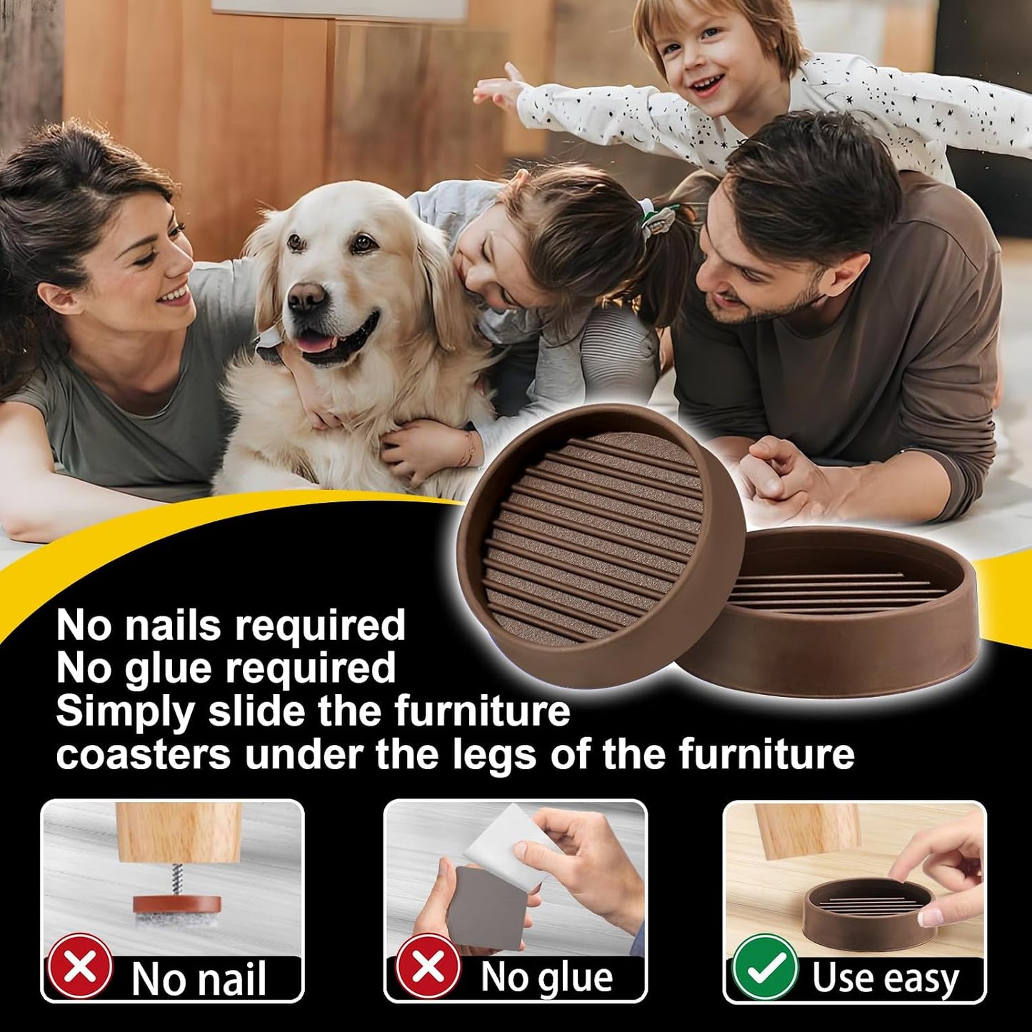 xxxHOLIC Rubber Non Slip Furniture Pads, 2" Black Round, Set of 4 | Furniture Grippers for Hardwood Floors, Anti Skid Caster Cups, Bed Frame & Couch Stoppers, Floor Protectors for Heavy Duty