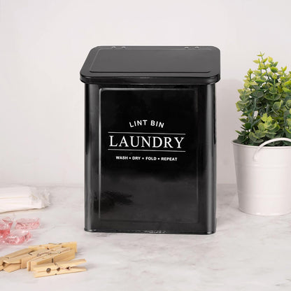 Magnetic Lint Bin for Laundry Room, Metal Lint Trash Can with Lid and Brush, Wall Mounted Lint Box for Dryer, Farmhouse Laundry Room Decor, Black