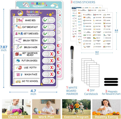 2 in 1 Bedtime/Morning Routine Chart for Kids Toddlers, Magnetic Chore Chart for Kids, Cute Visual Schedule for Kids Schedule Board for Home, Kids Checklist to Do List ADHD Tools for Kids