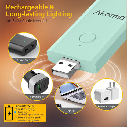 Akomid USB Rechargeable Book Light for Reading in Bed, 8 LEDs Bookmark Style Clip on, Eye-Cared Amber Light Mode for Kids, Blue Light Blocking, Stepless Dimming,Khaki
