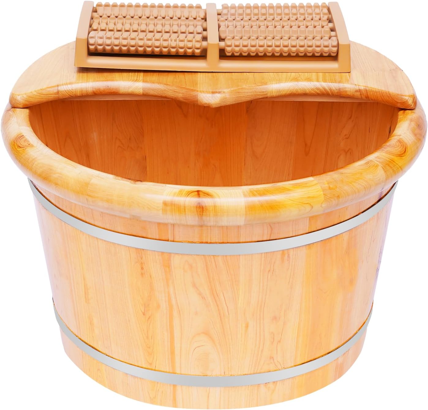 Cedar Wood Foot Spa Bath Bucket with Shiatsu Massage Roller & Lid - 30 Min Heat Retention, Natural Wooden Soaking Tub for Relaxation, Great for Parents