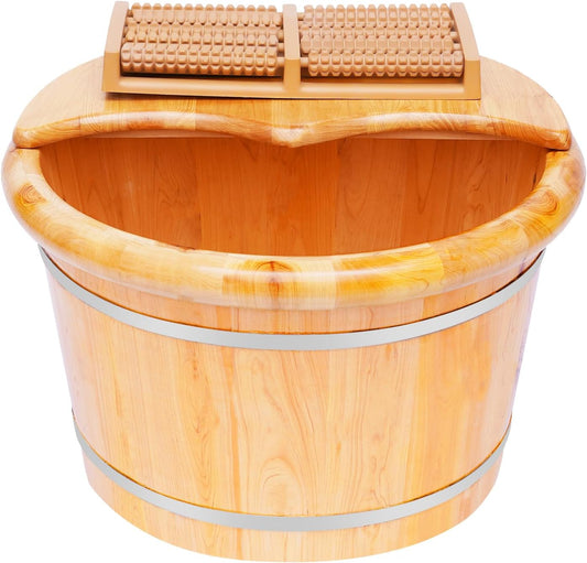 Cedar Wood Foot Spa Bath Bucket with Shiatsu Massage Roller & Lid - 30 Min Heat Retention, Natural Wooden Soaking Tub for Relaxation, Great for Parents