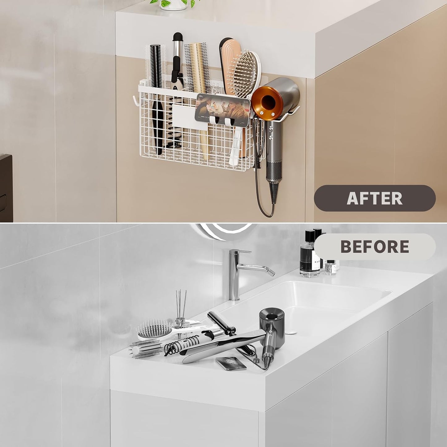 Magheo Hair Dryer Holder Cabinet Door 3-in-1 Adhesive Hair Tool Organizer Wall Mounted Adjustable Height Blow Dryer Holder Under Sink Bathroom Hair Appliance Organizer and Storage Countertop(Black)