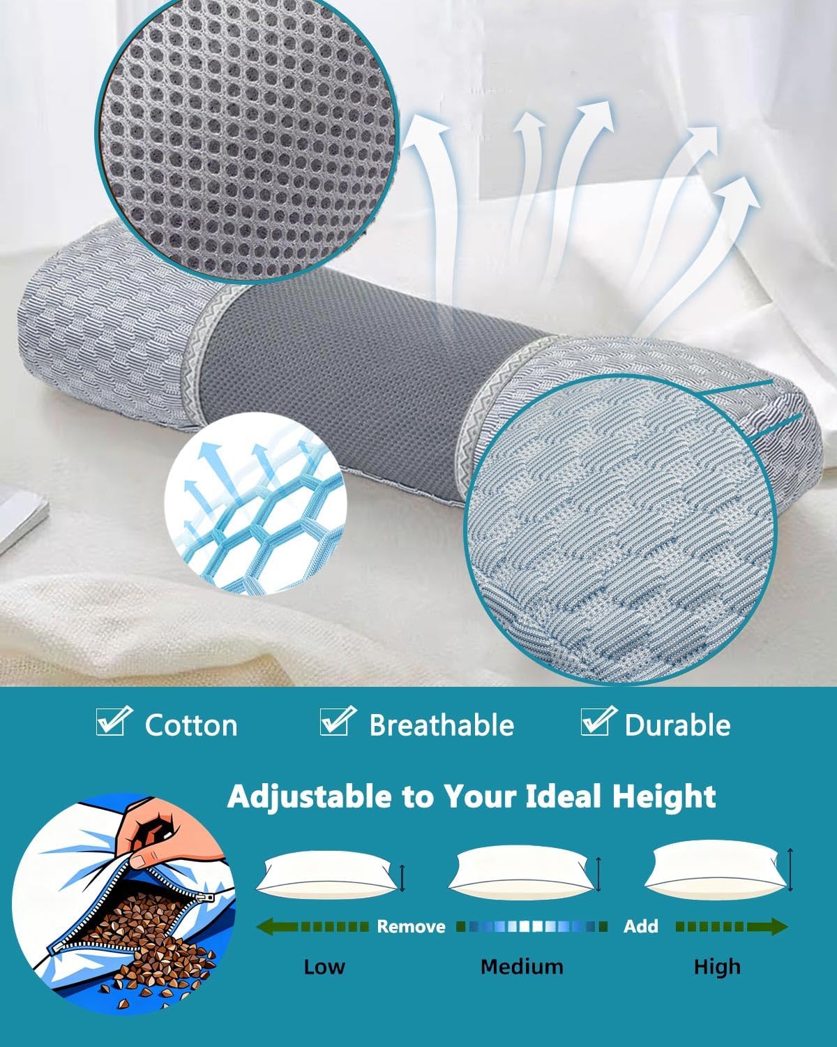 Buckwheat Cervical Pillow for Sleeping, Adjustable Roll Pillow for Neck Relief with Washable Pillowcase, Round Cylinder Bolster for Firm Support, 16x4 inch (Khaki)
