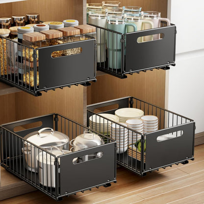 Mustorn 2 Pack Pull Out Cabinet Organizer, Slide Out Drawers for Cabinets, Peel and Stick, Heavy Duty Shelves for Kitchen, Cupboard, Pantry, Bathroom (16.5"D*11.8"W*3.94"H-Black)