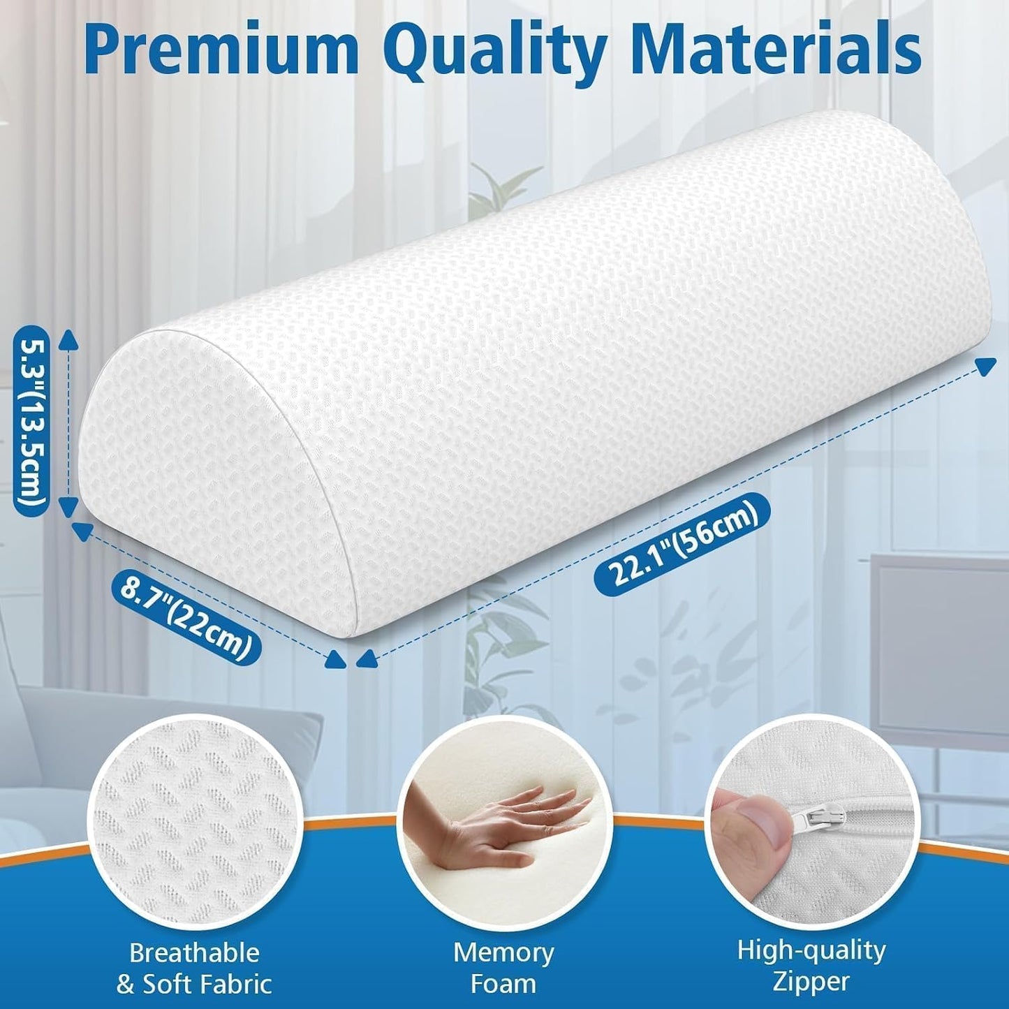 SweetSlubr Knee Pillow for Side Sleepers, Half Moon Memory Foam Bolster Pillow for Legs, Ergonomic Design Wedge Elevation Pillow for Side & Back Sleeping, Under Knee Support, Foot, Ankle, Lumbar,White