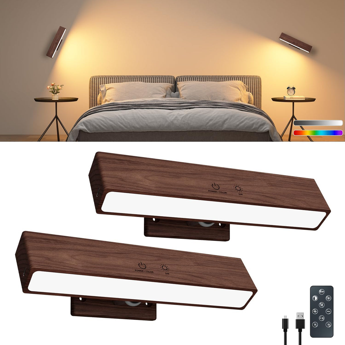 Rechargeable Wood Wall Lights with Remote & Touch, 5200mAh Battery Operated Wall Sconce 3 Color Temperatures & RGB. Magnetic, Stick-On, Dimmable Wall Reading Lamp for Bedroom, Living Room, Picture