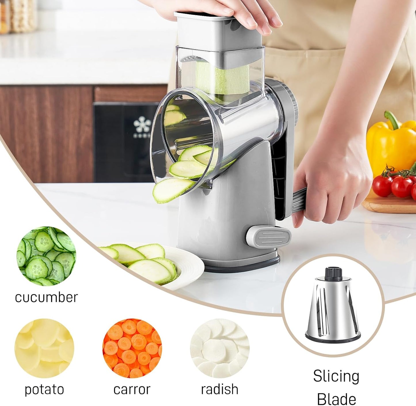 Weltonhm 4 in 1 Large Rotary Cheese Grater Hand Crank (black, 3 Graters) | Cheese Shredder Rotary and Slicer with 4 Stainless Steel Blades for Vegetables, Veggie and Cheese, Stronger Suction Base
