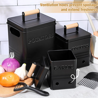 3 Pcs Potato Onion Garlic Storage Bin Metal Vegetable Keeper Container with Lid Aerating Hole Farmhouse Style for Kitchen Counter Pantry Sweet-potato Carrot Fruit Keep Fresh Longer (White)