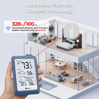 Indoor Outdoor Thermometer Hygrometer Wireless Weather Station, Temperature Humidity Monitor Battery Powered Inside Outside Thermometers with 330ft Range Remote Sensor and Backlight Display