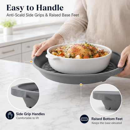Microwave Splatter Cover for Food, 3-in-1 Glass & Silicone Microwave Cover with Anti-Scald Base Plate and Silicone Mat,Collapsible Vented Guard Lid, BPA-Free, Dishwasher Safe, 11 Inch (Large-Gray)