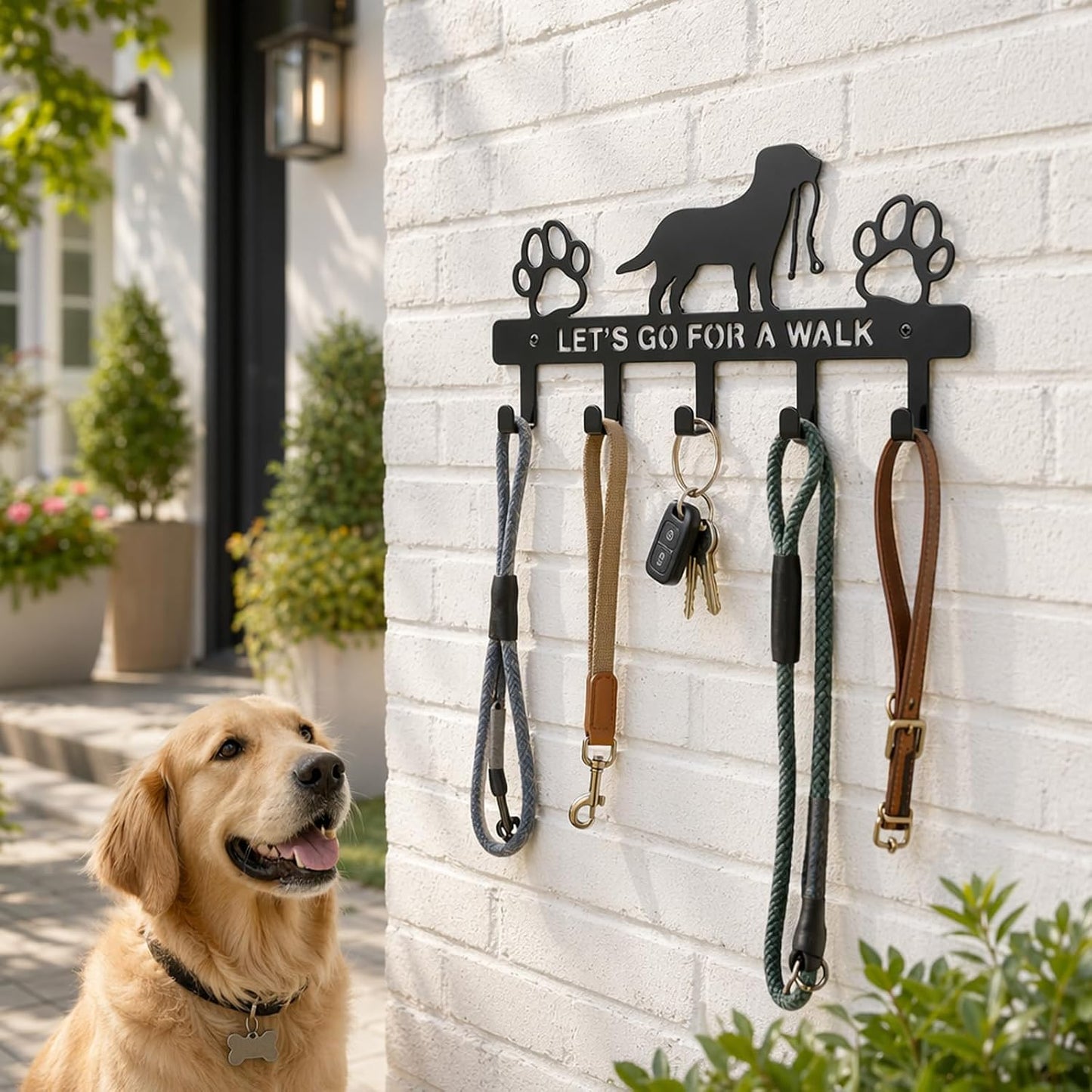 Dog Leash Holder for Wall, 5 Metal Hooks Key Mount | Screw Mounted Rack, Holds Leashes Keys Collars, for Entryway Garage Mudroom