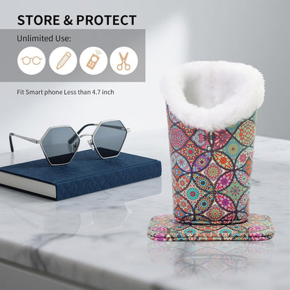Plush Lined Eyeglasses Holder, Cute Magnetic PU Leather Glasses Stand Case for Women Men Kids