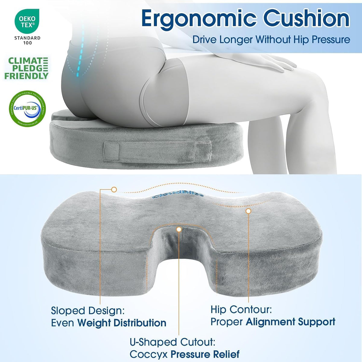 CloudBliss Ergonomic Seat Cushion & Lumbar Support Pillow Set, Black,Large