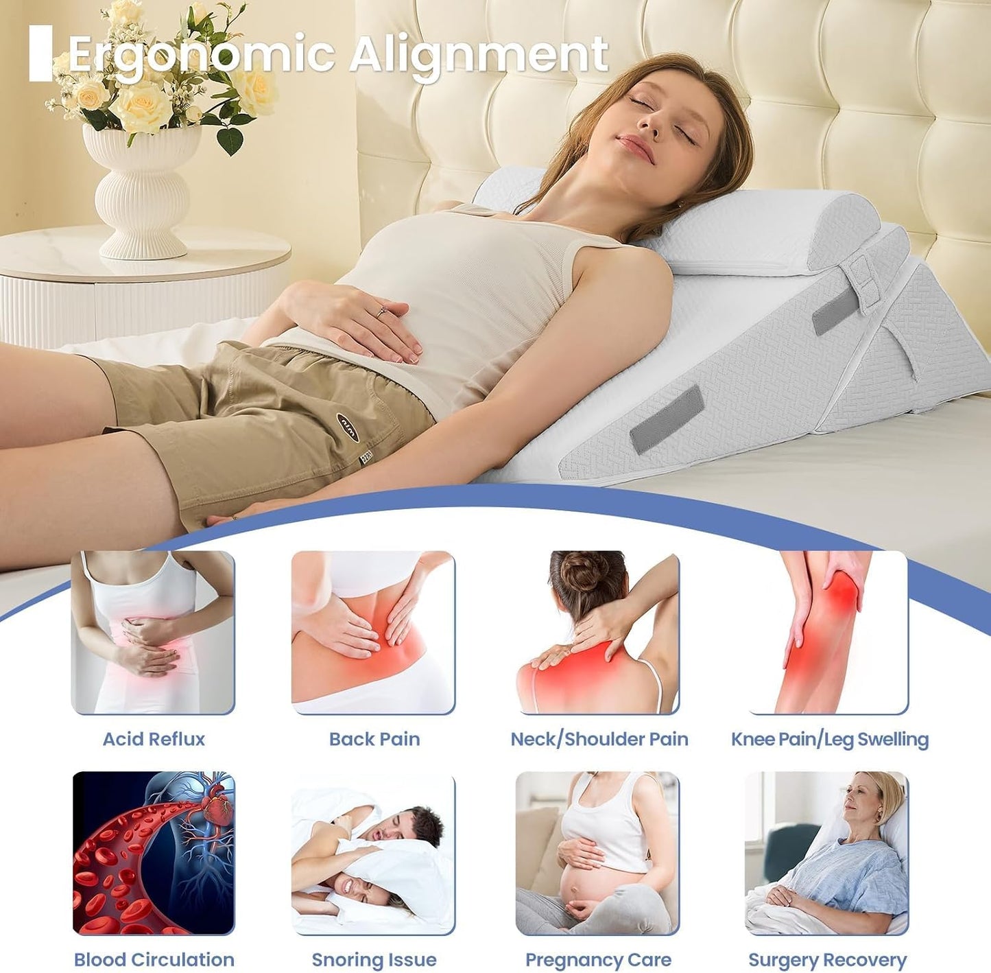 Sasttie Adjustable Wedge Pillow Set for After Surgery, Dark Grey & White | Bed Wedge Pillow Headboard with Memory Foam Neck Cushion, for Acid Reflux, Sleeping, Neck & Back Support