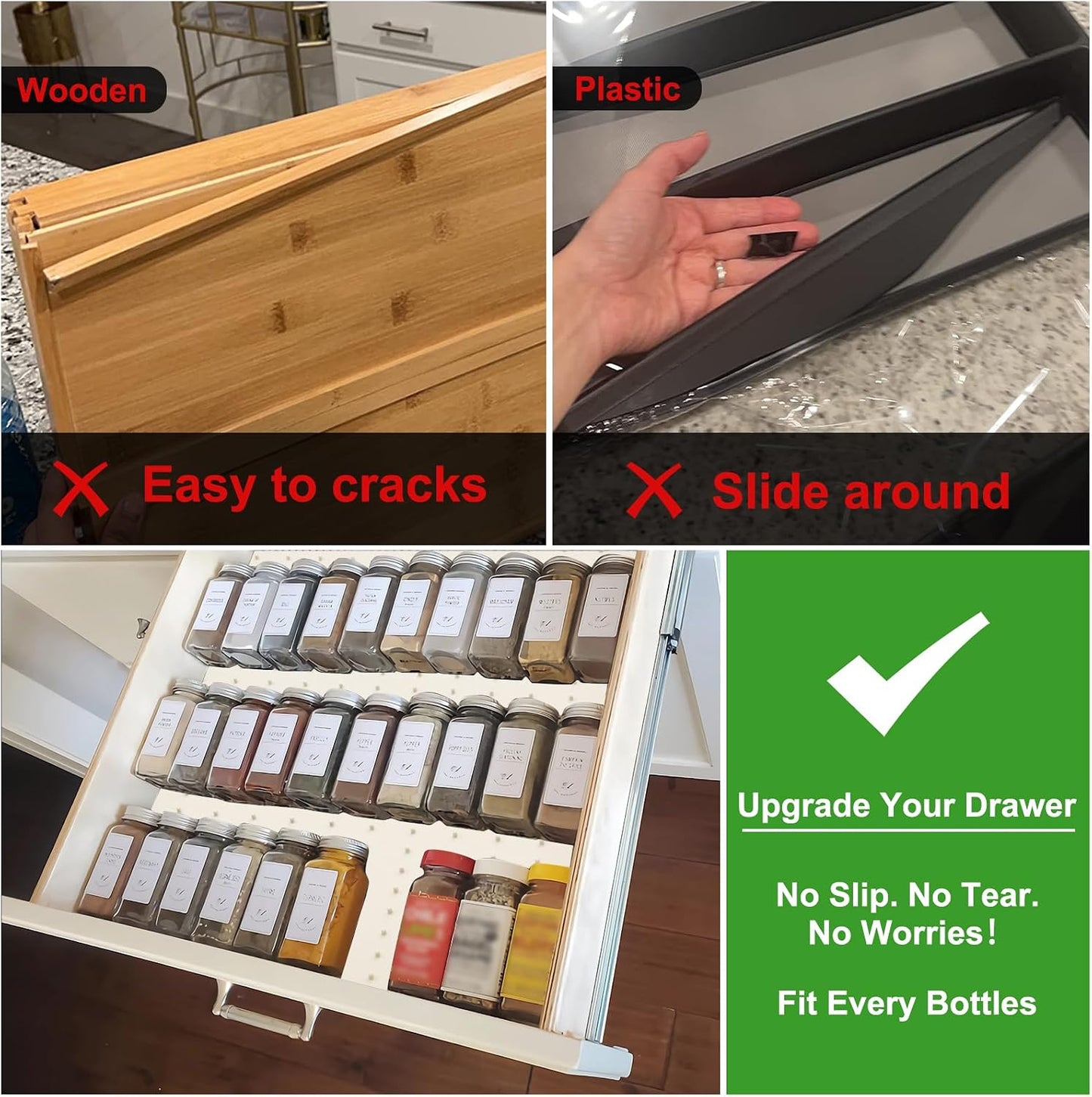 Spice Drawer Organizer Insert - Silicone Spice Drawer Liner Pearl | Adjustable non-slip liner organizer; in-drawer spice rack for seasoning jars, spice bottles, flat kitchen drawer organizer