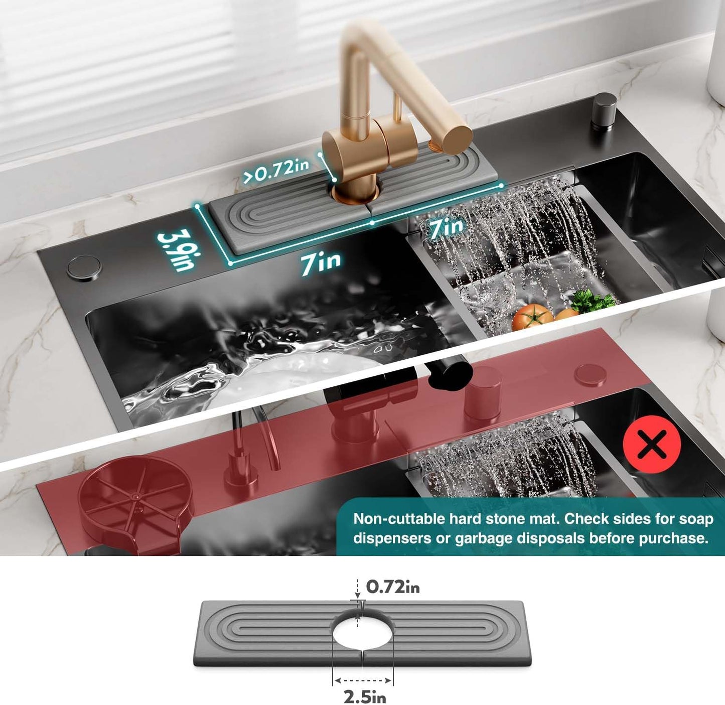 Stone Faucet Mat for Kitchen Sink – Diatomite Drying Stone Mat & Sink Protector, Prevents Moisture – Sink Splash Guard Water-Absorbing Stone Tray for Bathroom Counter (Light Grey, 20" x 3.9")