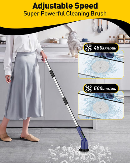 Electric Spin Scrubber for Bathroom, Shower Scrubber with Long Handle | Shower Cleaner Brushes, IPX7 Waterproof & 2 Speed, 3 Brush Heads, 90min Runtime, Bathroom Cleaning Supplies for Toilet Tub