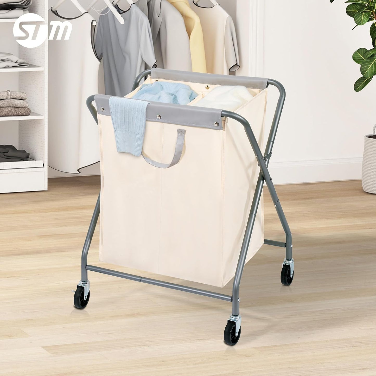 STORAGE MANIAC 160L Collapsible Laundry Hamper with Wheels, Rolling Laundry Basket, Heavy Duty Cloth Sorter with Removable Bag, Folding X Frame Clothes Organizer Cart for Easy to Store, 3 Section