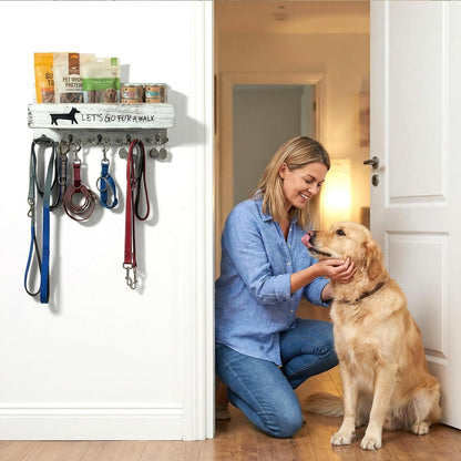 Wood Dog Leash Holder for Wall, Key Hanger with 5 Double Key Hooks | Dog Leash Hanger Wall Mounted for Entryway, Farmhouse Treats,35cm,Brown