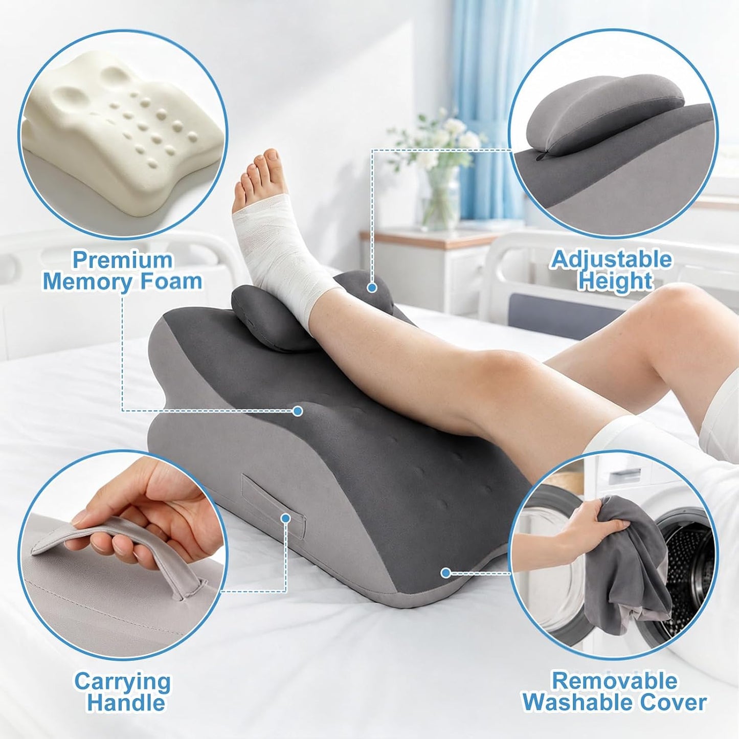 Leg Elevation Pillow, Adjustable Height for After Surgery, Blue | Memory Foam Wedge Pillow for Legs, Recovery/Rest Use, Relieves Swelling Knee Pain, Removable and Washable Cover, Single Leg