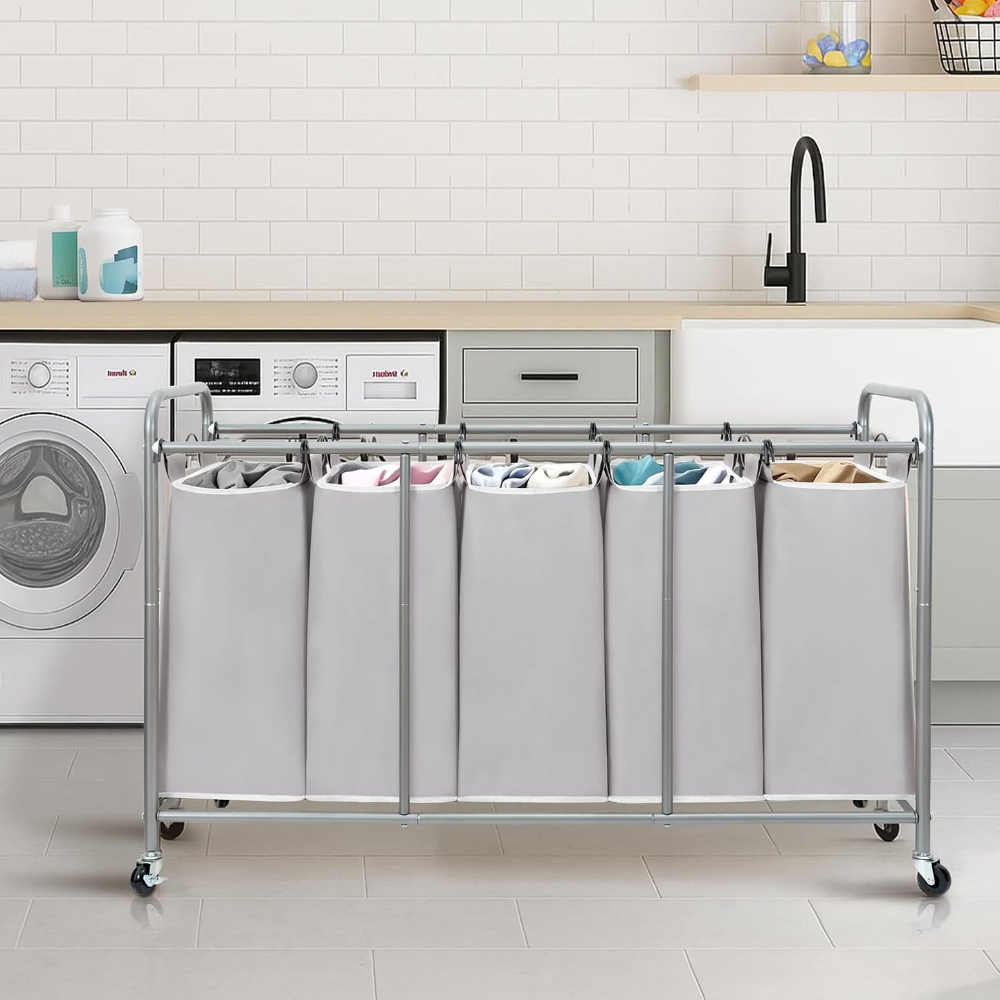 STORAGE MANIAC 3 Section Laundry Sorter, 35.6 Gal (135 L) Laundry Hamper Cart with Heavy Duty Rolling Lockable Wheels and Removable Bags, Clothes Organizer Basket Separator Hamper, Gray