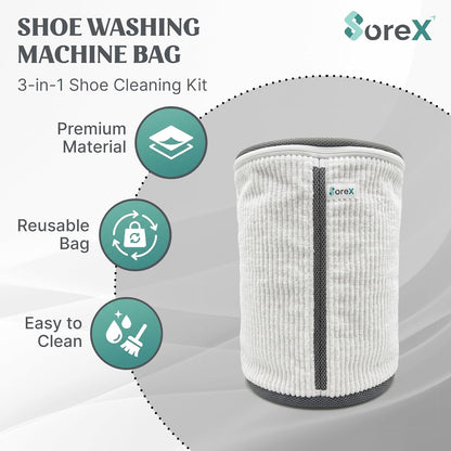 Shoe Washing Machine Bag with Zippered Pocket | Durable Mesh Sneaker Laundry Bag with 2 Laundry Balls & Shoe Washing Brush, Heavy Duty Zipper, No Color Transfer (White)