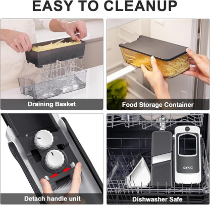 QYKIC Safe Mandoline Slicer for Kitchen, Adjustable Potato Slicer Pro | 0.1-8mm Vegetable Chopper Fry Cutter Julienne Dicer Large Chute Stainless Steel Blades Detachable Dishwasher Safe Gifts
