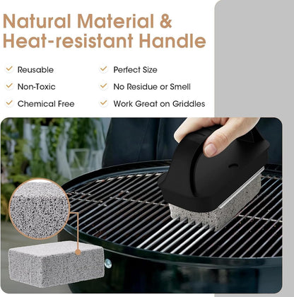 3-Pack Grill Pumice Stone Cleaning Kit with Heat-Resistant Handle | Pumice Grill Brick, Reusable Griddle & BBQ Scrubber, Stain Removal
