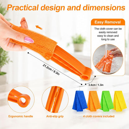 4 Pcs Window Venetian Blind Cleaner Duster Tool with 7 Fingers | Washable Microfiber For AC Vents, Car Vents, Fans, Louvers. Reusable Design Traps Dust. Includes 4 Extra Cloths.