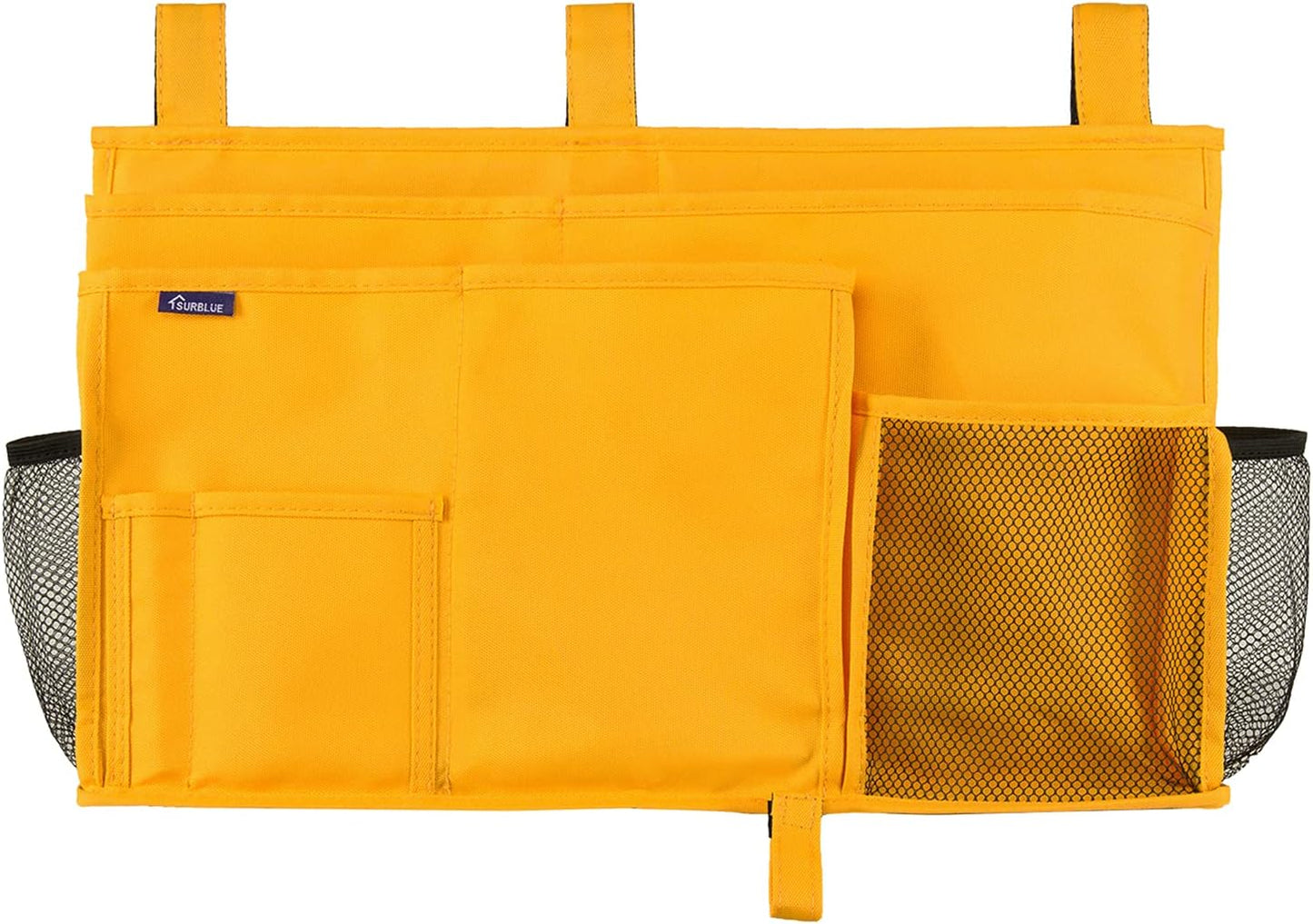 Surblue Bedside Caddy Hanging Organizer Storage Bag Pocket for Bunk, Hospital, College Dorm Rooms, Baby Bed Rails, Camp - 4 Pockets, 2 Hooks (Blue)