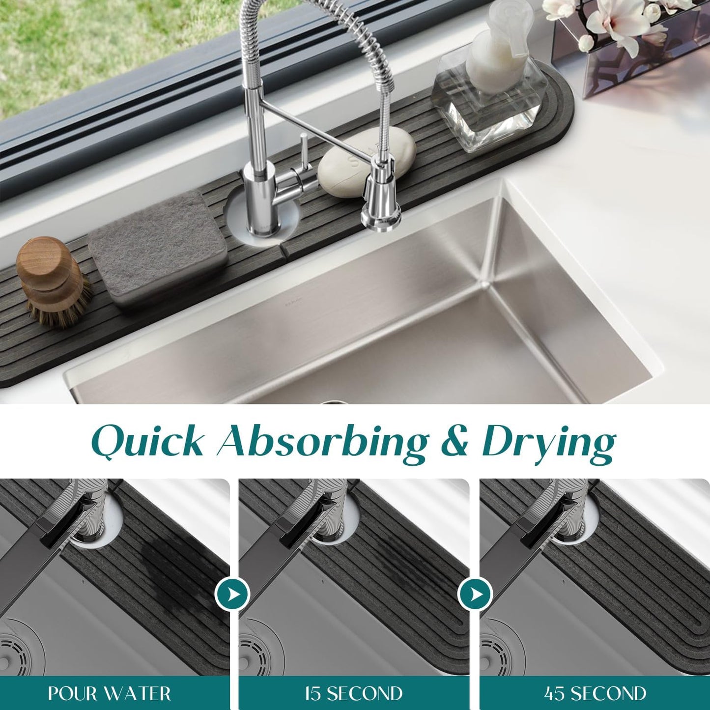 Diatomite Sink Splash Guard - DryingNeat Kitchen Faucet Mat, Instant Dry Water Absorbing Stone Tray for Sink, Durable Protector for Kitchen Bathroom Counter [Light Grey, 17.7" x 3.9"]