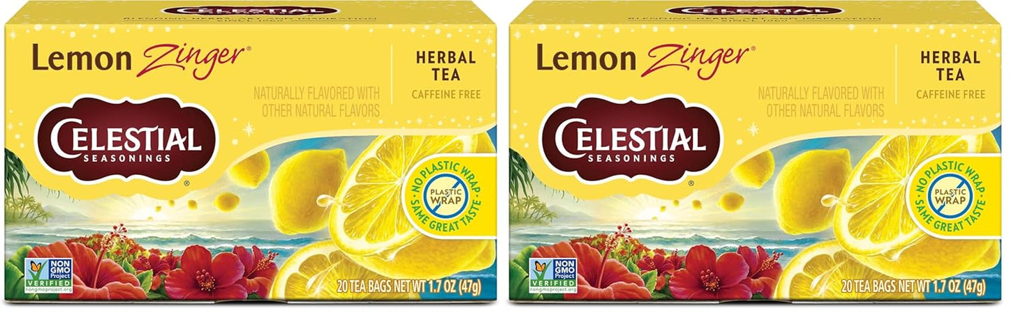 Celestial Seasonings Raspberry Zinger Herbal Tea, Caffeine Free, 20 Tea Bags Box