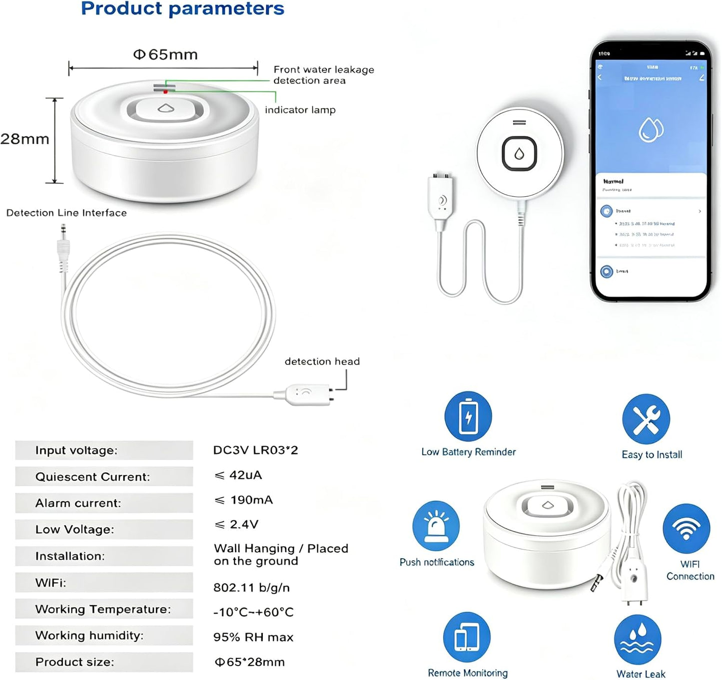 Wi-Fi Water Leak Detector, 100dB Adjustable Audio Alarm Sensor, Sensitive Leak & Drip Alert with Remote Email & APP Notification, for Home and Basement 2PCS