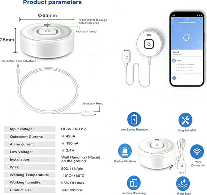 Wi-Fi Water Leak Detector, 100dB Adjustable Audio Alarm Sensor, Sensitive Leak & Drip Alert with Remote Email & APP Notification, for Home and Basement 2PCS
