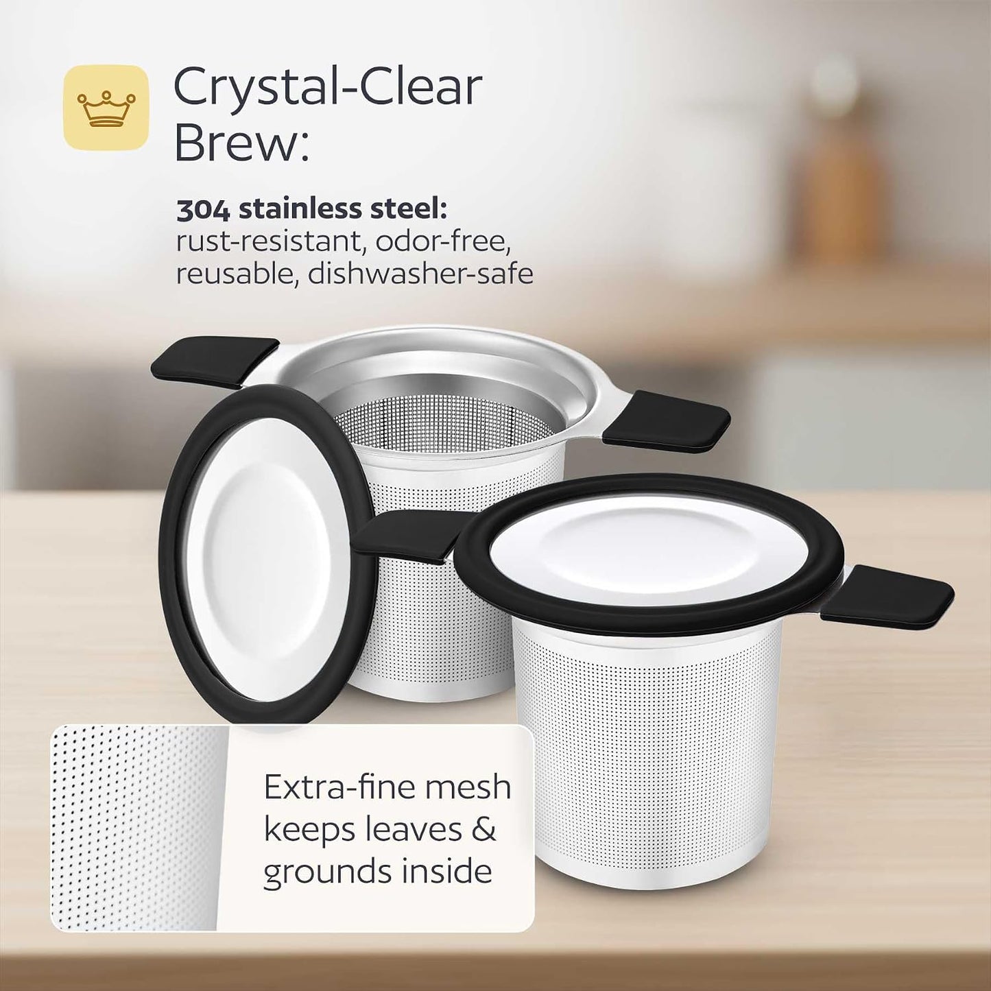 Stainless Steel Tea Infuser for Loose Leaf Tea – Extra Fine Mesh Strainer with Heat Proof Double Handles & Lid, Reusable Filter Fits Mugs, Cups & Teapots, Gray